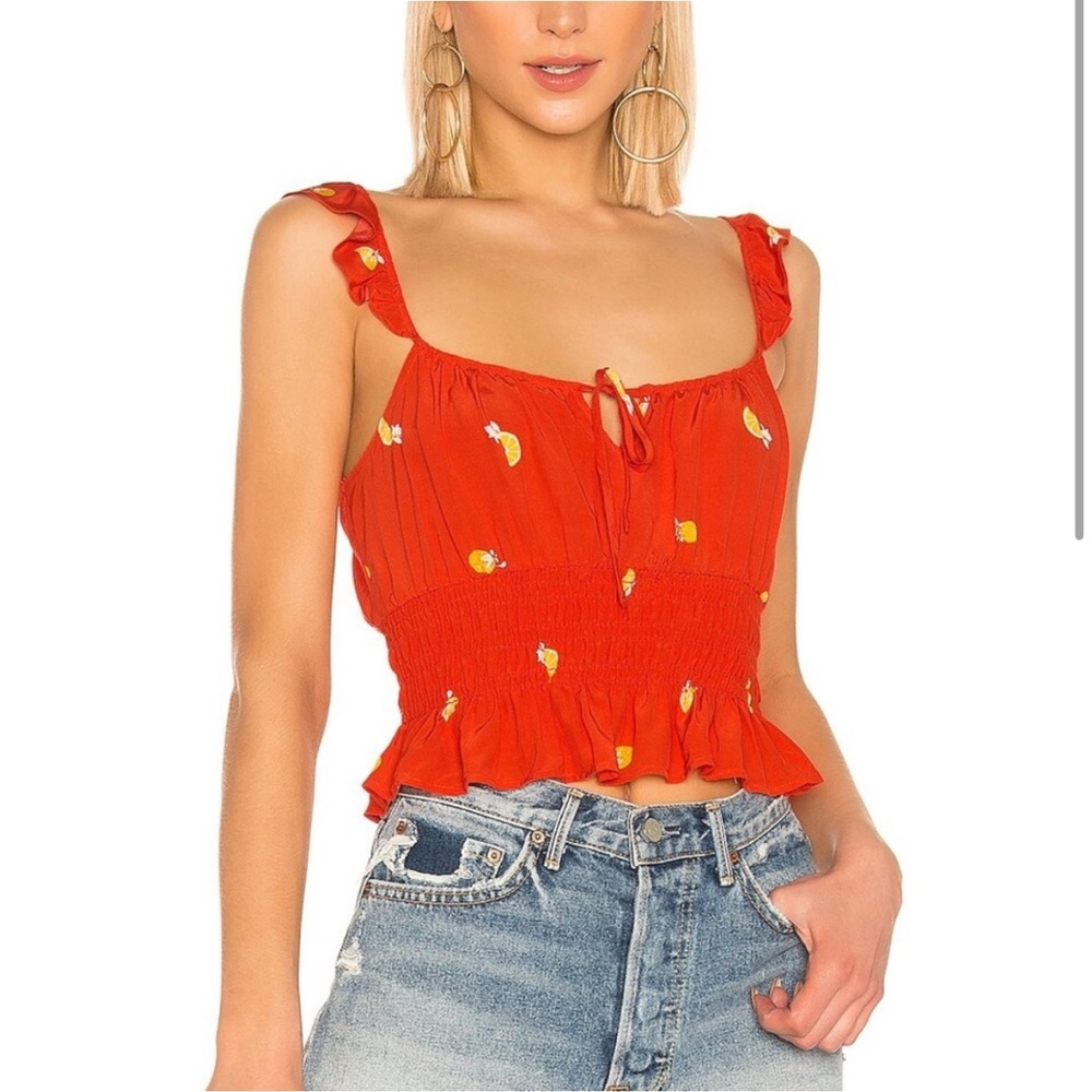 ASTR the Label Citrus Print Smocked Ruffle Crop Top